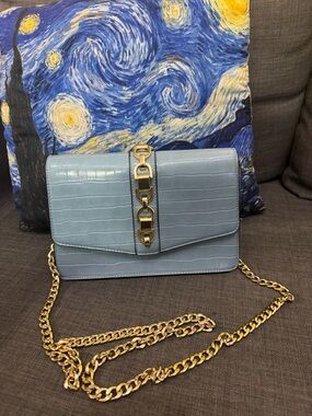 JustFab Light Blue Croc-Embossed Chain Crossbody Bag with Gold Hardware